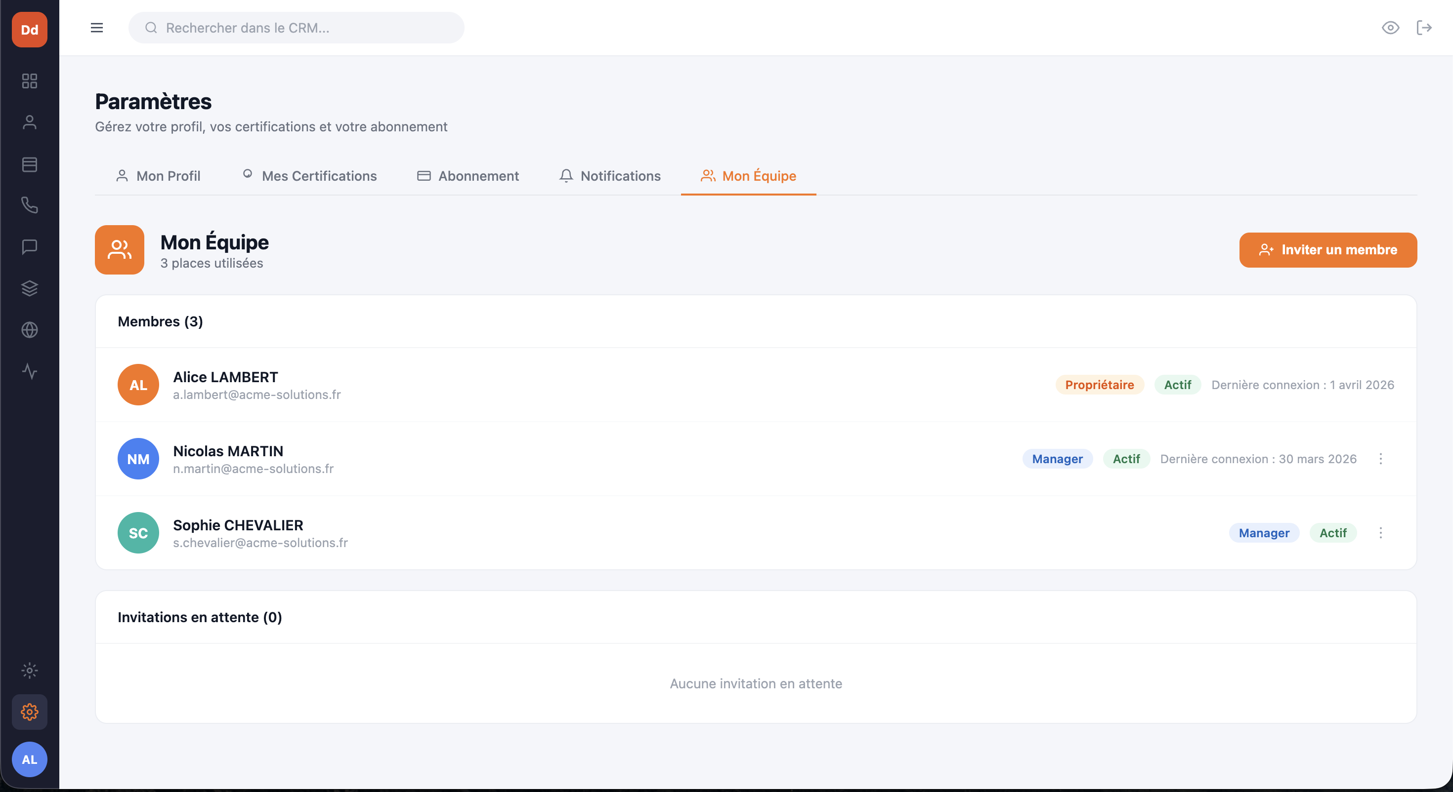 Capture d'écran — Gestion d'équipe